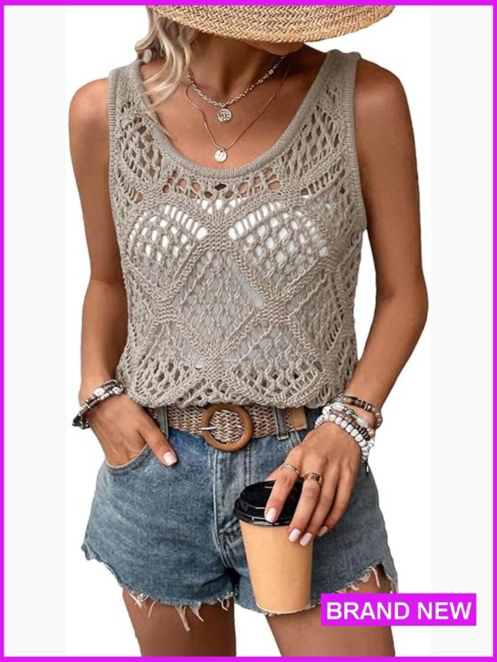 Womens Boho Crochet Sweater Vest Knit Sleeveless Scoop Neck Tank Top Summer